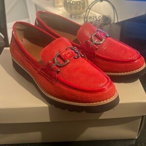 Stunning red calf suede loafers, worn twice suede on side, patent trim.